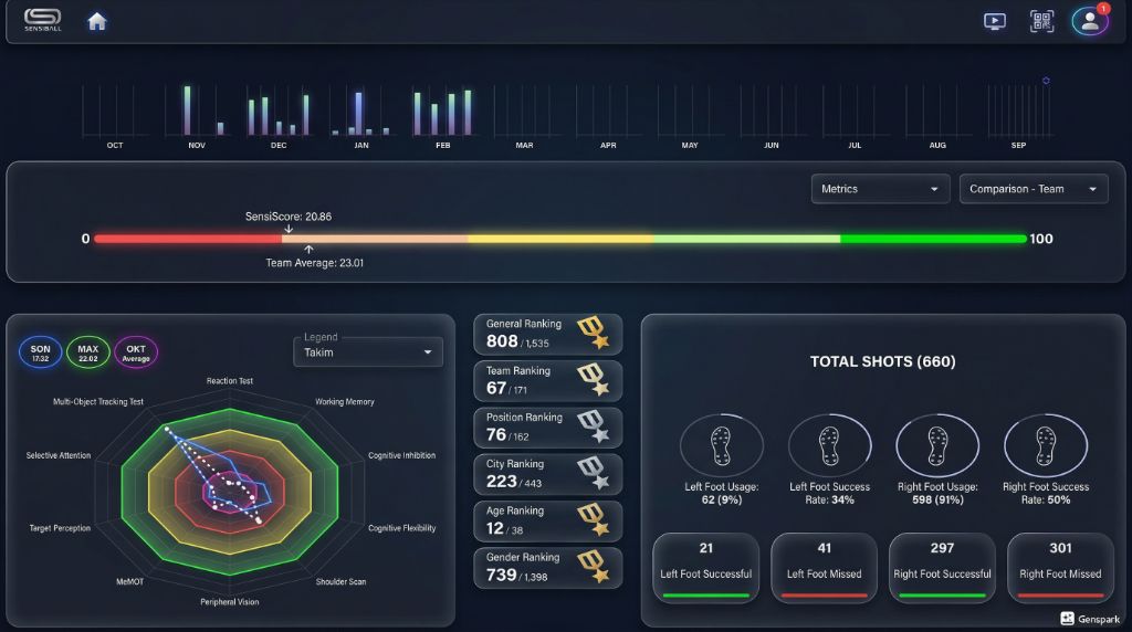 SensiBallVR-instrumentpanel för kognitiv prestation — SensiScore, reaktionstid, träffsäkerhet, ranking och skottanalys