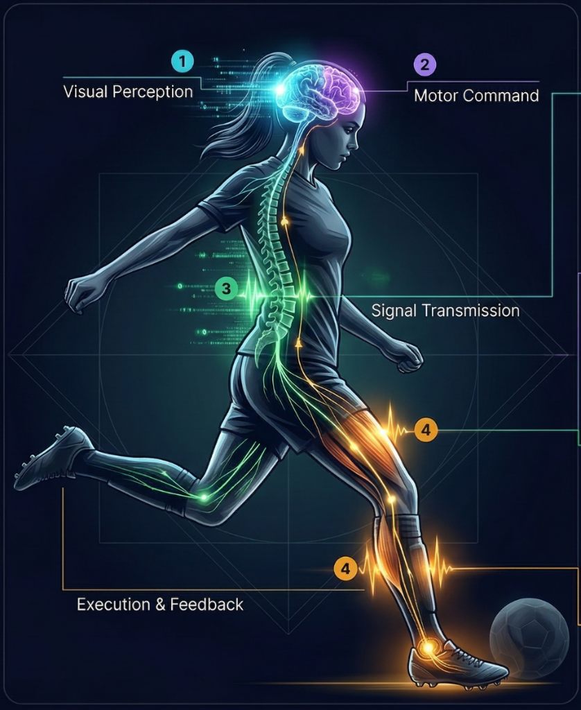 Modell för kommunikation mellan hjärna och muskel — fyrstegs neural processdiagram