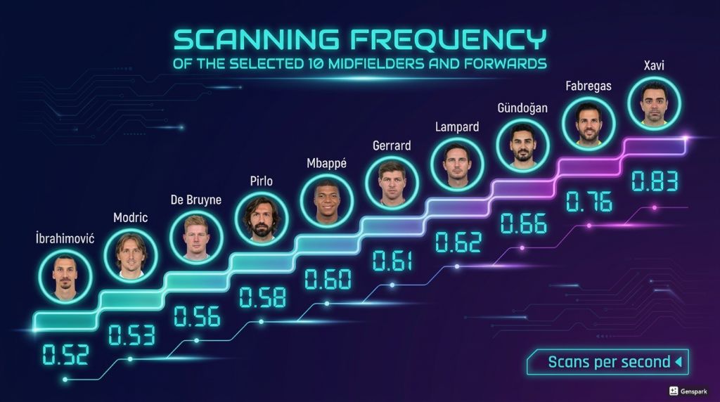 Spaningsfrekvens hos elitmittfältare och anfallare: Xavi 0,83, Fàbregas 0,76, Gündoğan 0,66, Lampard 0,62, Gerrard 0,61, Mbappé 0,60, Pirlo 0,58, De Bruyne 0,56, Modrić 0,53, Ibrahimović 0,52 spaningar per sekund