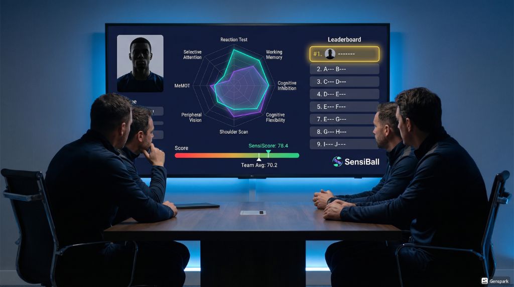 SensiBallVR talangidentifiering — dashboard för kognitiv utvärdering med SensiScore, topplista och radardiagram